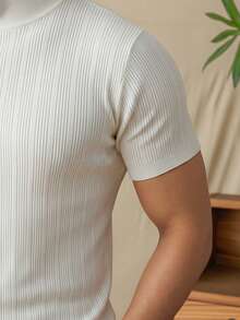 Men's Old Money Style Mock Neck Short Sleeve Cream Ribbed Knit Slim Fit Versatile Daily Wear Knit Top - White - View 5
