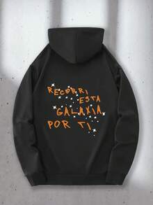 Men's Hoodie, Black Sweatshirt With Spanish Lyrical Graphic And "Remembering These Stars" Print On The Back And Kangaroo Pocket. Casual Long-Sleeve Sweatshirt For Casual Wear, Comfortable Regular Fit Men's Fashion, Great For Holiday Outfits, Perfect For Outdoor Activities, Parties, And Makes A Great Gift For Friends. - 黑色 - 查看 6