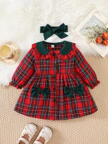 Baby Girls' Christmas Plaid Bowknot Long Sleeve Dress + Headband, Autumn - Red - View 1