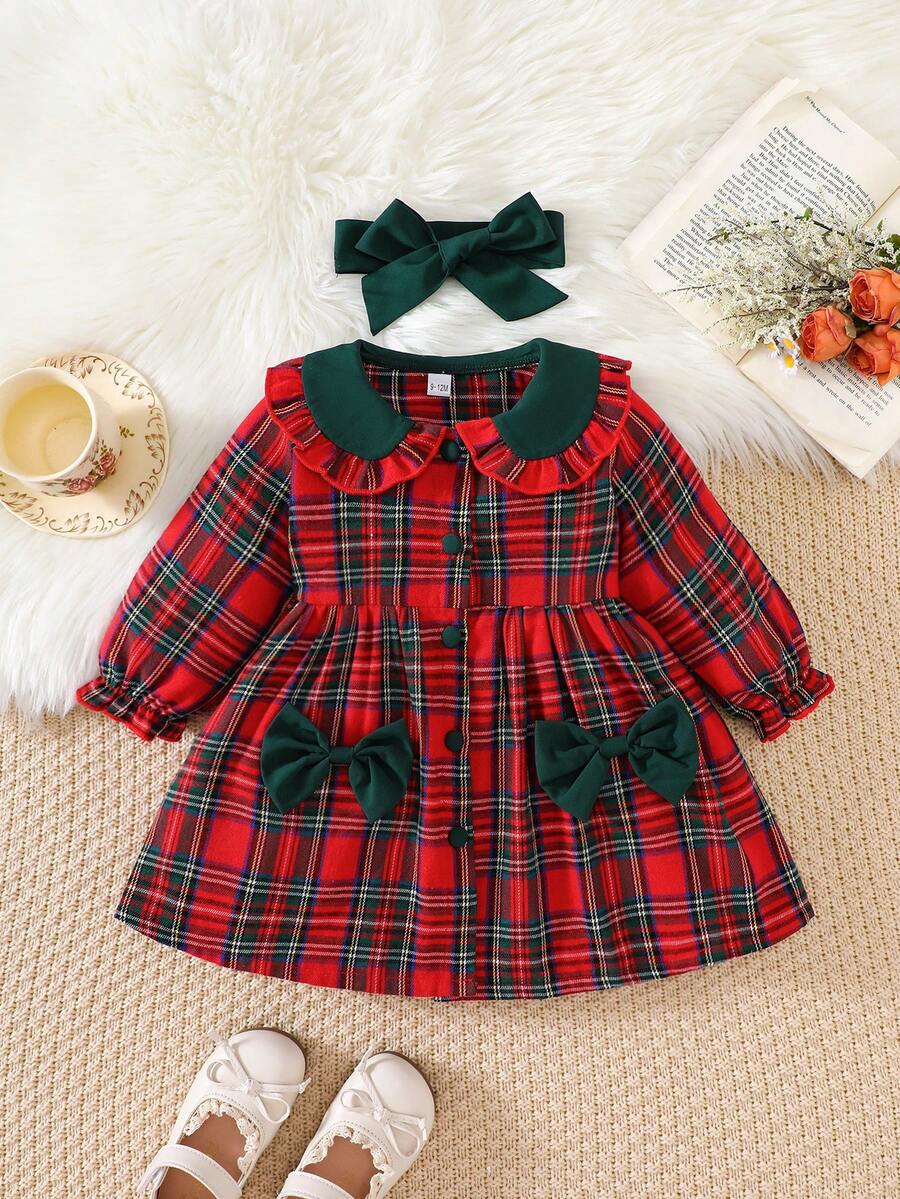 Baby Girls' Christmas Plaid Bowknot Long Sleeve Dress + Headband, Autumn - Red - View 1