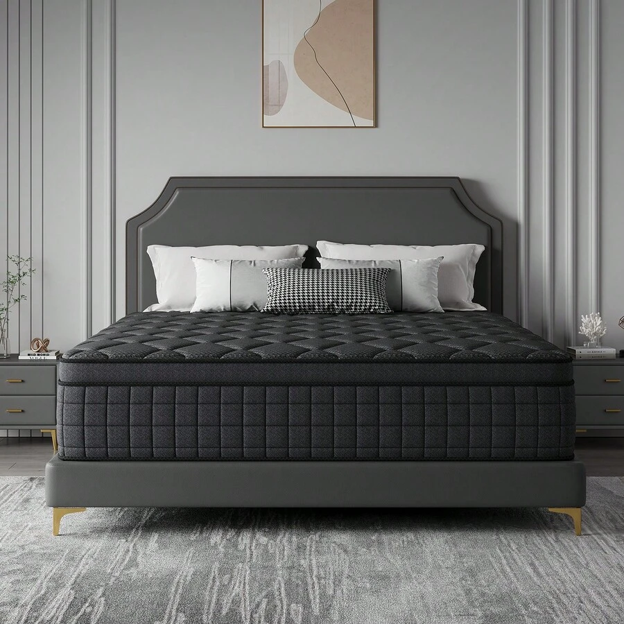 10"12"14" Queen Mattres Twin Full Queen King Size Bed Mattress In A Box, Hybrid Pocket Spring Breathable Cotton Layer Mattress For Motion Isolation & Silent Sleep, Lumbar Support & Pressure Relief, Medium Firm - màu đen - Xem 1