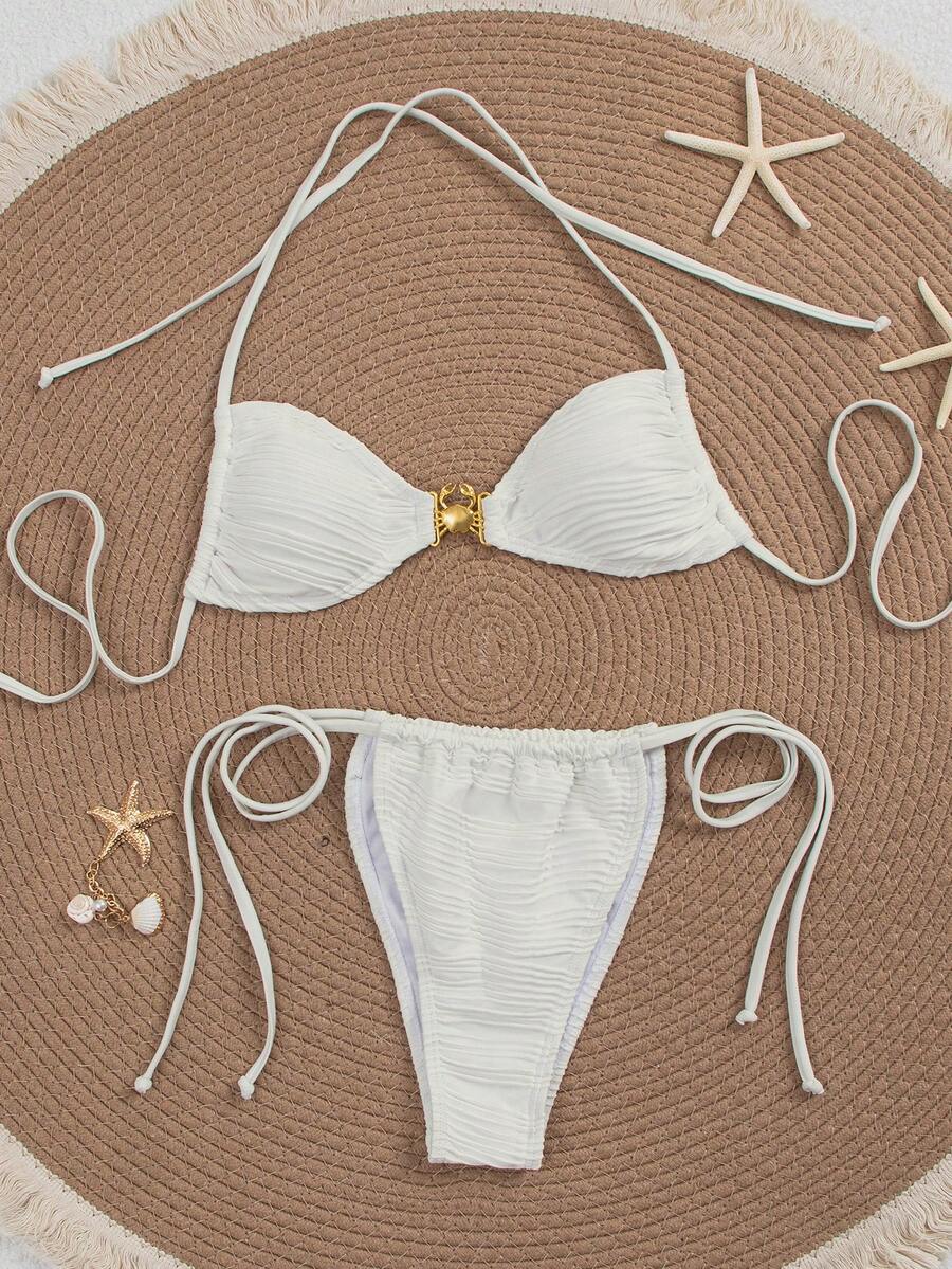 Conjunto de bikini sexy con decoración metálica y cuello de halter en unicolor, para playa de verano - Blanco - Ver 1