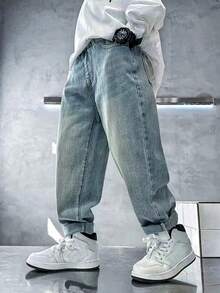 卡通印花宽松休闲街头风牛仔裤，适合青少年男孩 - 藍色 - 查看 4