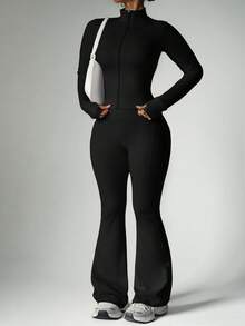 FWH Conjunto de invierno de talla grande con puños con agujero para el pulgar, con cremallera delantera, campana alargadora de piernas, chic de lujo de rendimiento de estilo retro futurista, conjunto de entrenamiento de cuello alto, ropa de yoga con cremallera, pantalones acampanados con control de abdomen, conjunto de ropa deportiva térmica, chaqueta con cremallera y cuello alto y pantalones de yoga acampanados para mujer, conjunto de 2 piezas para mujer - Negro - Ver 1