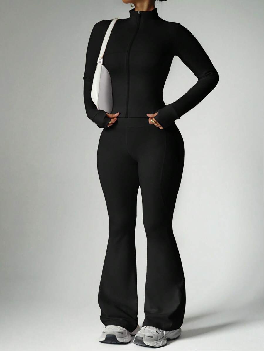 FWH Conjunto de invierno de talla grande con puños con agujero para el pulgar, con cremallera delantera, campana alargadora de piernas, chic de lujo de rendimiento de estilo retro futurista, conjunto de entrenamiento de cuello alto, ropa de yoga con cremallera, pantalones acampanados con control de abdomen, conjunto de ropa deportiva térmica, chaqueta con cremallera y cuello alto y pantalones de yoga acampanados para mujer, conjunto de 2 piezas para mujer - Negro - Ver 1