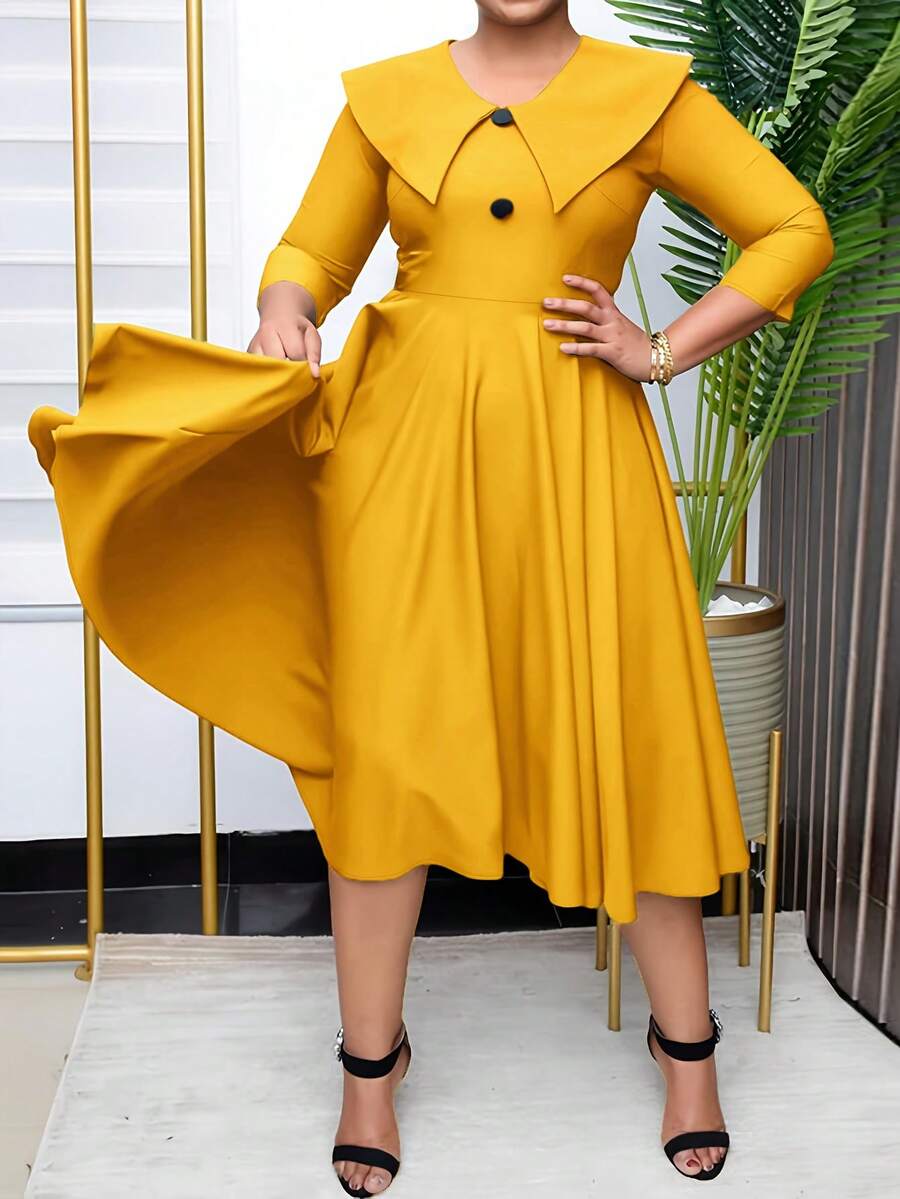 Women's Mid-Length Straight Dress, Peter Pan Collar Design, Fitted Top & Loose Bottom, Metal Flower Belt Decor, Casual Solid Color, Button Front, Comfortable For Work, Daily Wear, Elegant, Casual, Spring/Autumn/Winter - Ginger - View 1