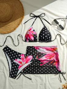 Women's Summer Vacation Beach Floral & Polka Dot Print Halter Tie Bikini 3 Pieces Set - Black - View 4