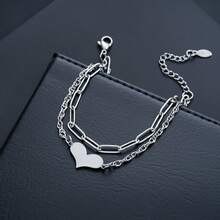 1pc Stylish Double-Layer Heart Bracelet, Unisex Minimalist Stainless Steel Jewelry Design - Multicolor - View 2