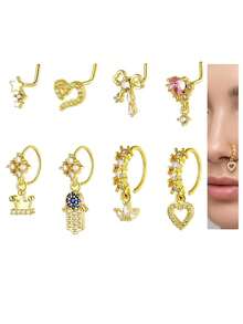 14K Gold Nose Rings Nose Studs - L Shaped Stars/Love/Bow/Crown/Heart Dangling Nose Rings Studs CZ Stud Ring Pendant Piercing Jewelry Gift For Women Men
