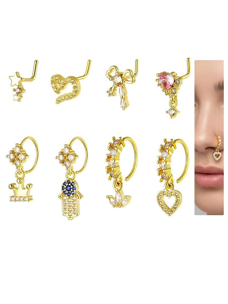 14K Gold Nose Rings Nose Studs - L Shaped Stars/Love/Bow/Crown/Heart Dangling Nose Rings Studs CZ Stud Ring Pendant Piercing Jewelry Gift For Women Men