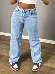 Chicsale Women's Pearl Jeans - Straight Leg Fully Embellished With Pearls, Mid Rise Non-Stretch Pants For Evening & Special Events - Xanh nhạt 2 - Xem 1