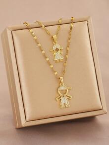 2pcs/Set Adorable Cubic Zirconia Studded Pendant Necklaces For Boys & Girls, Stainless Steel Chain, Suitable As Gift For Son, Daughter, Sibling, Twist Design, Christmas, Birthday, Children's Daily Wear - Gold - View 2