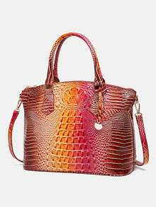 Luxurious Crocodile Pattern Cross-Body Top-Handle Bag - High-End Fashion Handbag For Women's Work And Daily Use - Premium Quality, Stylish Design, Multiple Pockets, Adjustable Strap - Hồng + Nâu - Xem 7
