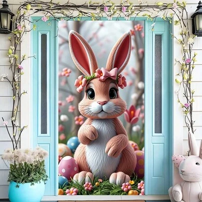 2D Door Sign, Easter Bunny Welcome Sign - Cute Bunny Wearing A Flower Crown Sitting On A Colored Egg, Polyester, Indoor/Outdoor Decor, Suitable For Doors, Rooms, Walls Or Windows, 179.83x89.92 Cm