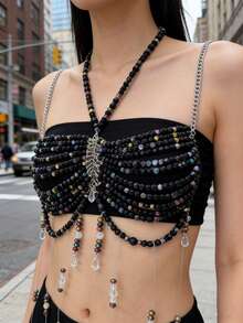 性感黑色串珠多层胸链/腰链，配水晶流苏 - 街头风节日派对配饰 - 黑色 - 查看 3