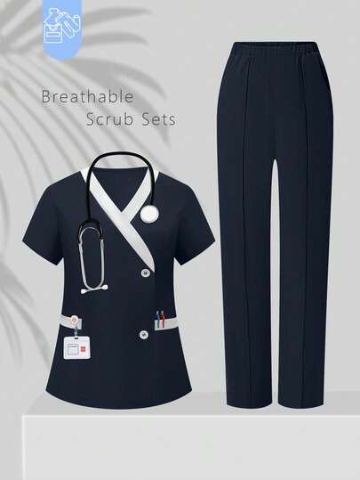 cimmuovere Women's V-Neck Short Multi-Pocket Scrubs Nurse Scrubs Workwear Dentist Healthcare Pet Hospital Laboratory Scrub Uniform Set