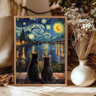 | 5D DIY Diamond Painting | Secondary Creation Art Rhinestones Full Mosaic Crafts Kit.Vincent Van Gogh Inspired Starry Night Cats HD Art Diamond. Gift Diamond Painting, Concentrate And Calm Your Mood Through DIY.