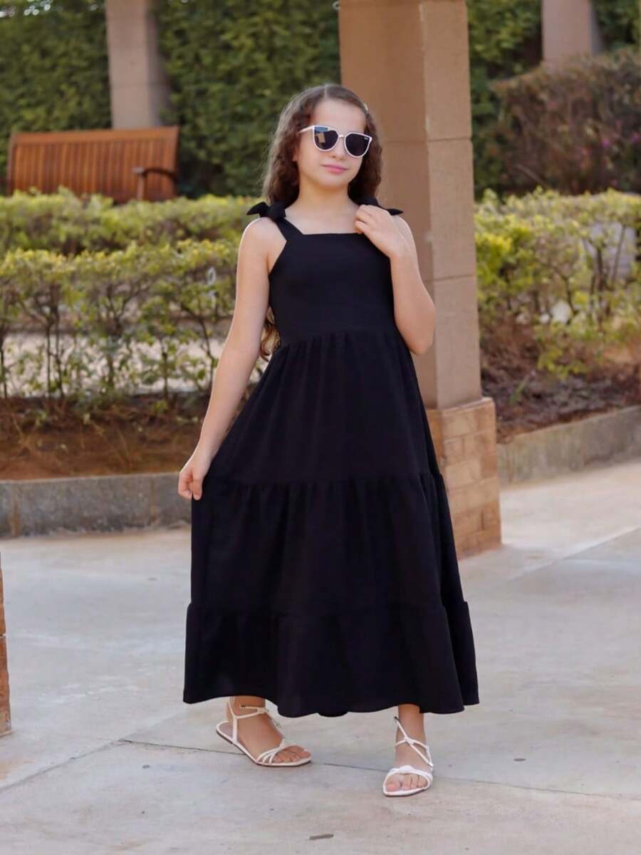 Girls' Long Three-Tiered Dress With Straps | Duna Fabric | Elastic Back | Sizes 12 To 16 - 黑色 - 查看 1