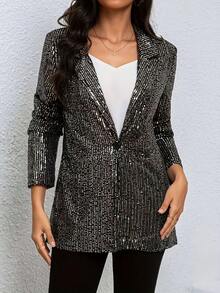 Plus Size Women's Sequin Embellished Lapel Long Sleeve Blazer Jacket Casual Black Spring - Black - View 4