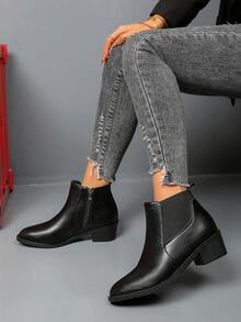 Women's Autumn/Winter New Side Zipper Chelsea Ankle Boots, Fashionable & Comfortable Black Elastic Pointed Toe Chunky Heel Western Boots