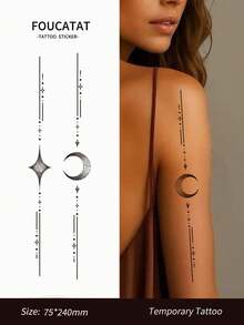 1pc Waterproof Temporary Tattoo Sticker, Moon, Stars Long Size Black Tattoo Sticker For Women Men, Suitable For Hand, Arm, Leg, Back Tattoo Patch - Black - View 1