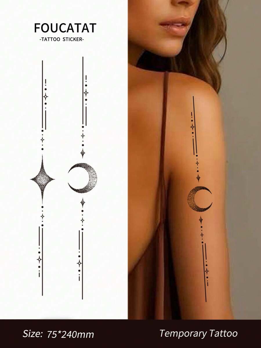 1pc Waterproof Temporary Tattoo Sticker, Moon, Stars Long Size Black Tattoo Sticker For Women Men, Suitable For Hand, Arm, Leg, Back Tattoo Patch - Black - View 1