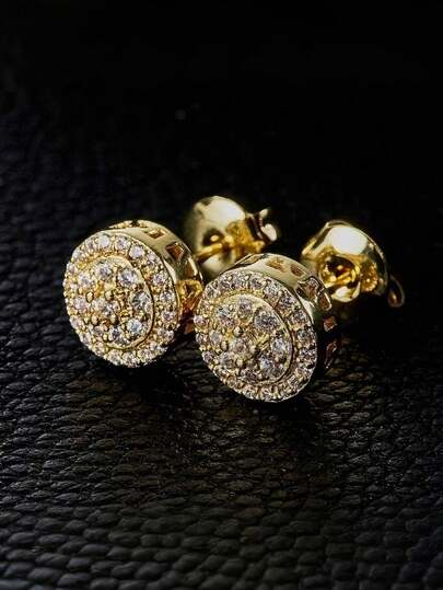 2pcs Round Zirconia Earrings, Unisex Gold-Plated Stud Earrings, Hip-Hop Music Festival Accessories, Couple Party Jewelry, Gift For Girlfriend/Couples