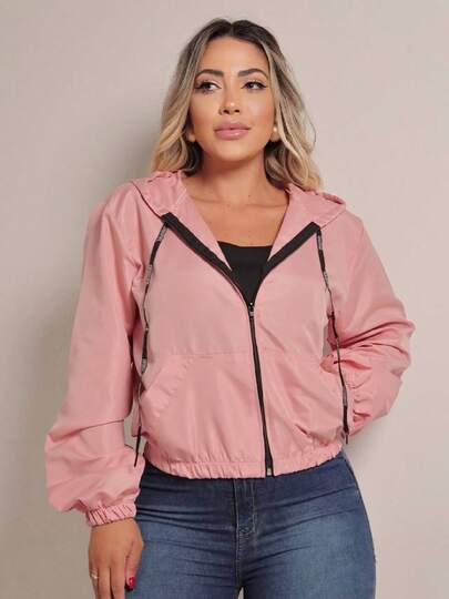 Jaqueta corta vento REBECA com capuz bolsos e cordão tecido tactel