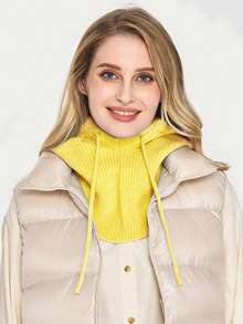 1pc Women Cashmere Wool Hooded Scarf Hat Warm Knit Beanie Bonnet With Drawstring Fake Collar Ear Face Protect Soft Balaclava Skullies - Mauve Purple - View 13