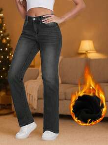 女士冬季保暖内衬直筒休闲牛仔裤 - 深灰色 - 查看 5