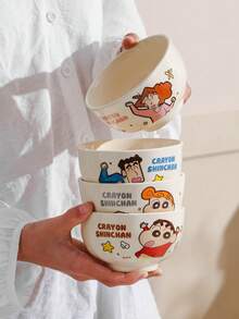 CRAYON SHINCHAN 4个蜡笔小新陶瓷汤碗 - 4.5英寸瓷质深碗，耐刮擦，可微波炉加热，适合盛放拉面、麦片、水果、沙拉、意面、燕麦粥、甜点等，是圣诞节和生日礼物的完美之选。