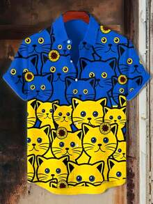 Men'S Funny Cat Print Beach Shirt - 3D Full Print Hawaiian Short Sleeve Aloha Blouse, Loose Fit Casual Button-Up For Summer Beach & Pool, Perfect Gift For Birthdays, Father'S Day, Or Summer Outings, Beach Clothes - Nhiều màu - Xem 6