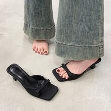 Women's High Heel Slide Sandals, Square Toe, Strap , Kitten Heel, Fairy Style, Summer Fabric, Black Bow, Outdoor High Heels