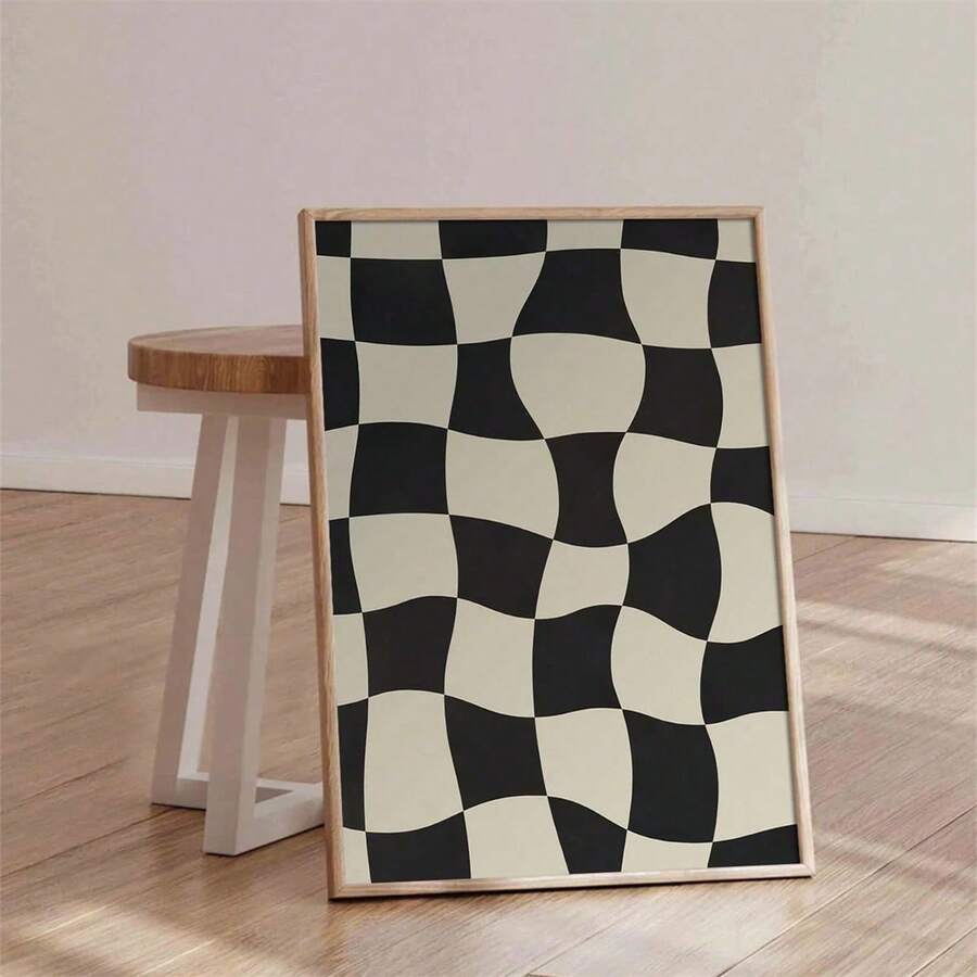 1幅帆布海报,格子图案墙画,70年代风格墙画,花卉艺术海报,复古格子海报,波浪格子海报,客厅装饰墙画 - 彩色 - 查看 1