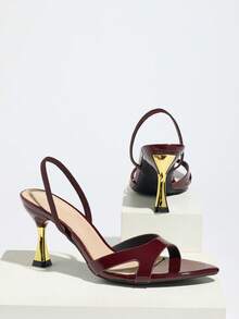 Women's High Heel Shoes, Fashionable High-End Unique Colorblock Stiletto Heel Pointed Toe Shiny Criss-Cross Strap High Quality Soft Mirror Material Sexy Elegant Ankle Strap Suitable For Any Formal Occasion, Wine Red - Burgundy - View 6