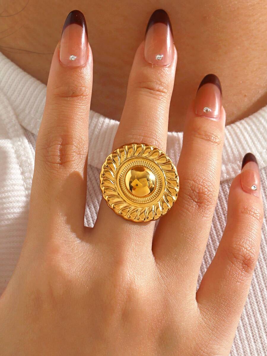 1 chiếc nhẫn tròn hình học dày bằng thép không gỉ tối giản, phóng đại, thích hợp cho trang phục hàng ngày của phụ nữ - Nhiều màu - Xem 1