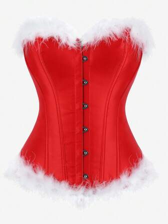 Overbust Corset Bustier, Red Classic Outerwear Corset Top With Front Busk, Waist Cincher For Party, Backless With Ribbon