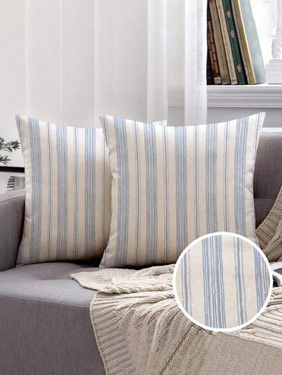 2 件蓝白条纹装饰枕套，简约线性设计，柔软透气涤纶，带拉链，可机洗，适用于卧室、客厅、沙发、汽车、桌椅垫（不含内枕）