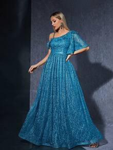 Off‑Shoulder Ruched Sweetheart Half‑Sleeve Embroidered Lace High‑End Evening Gown - Blue - View 4