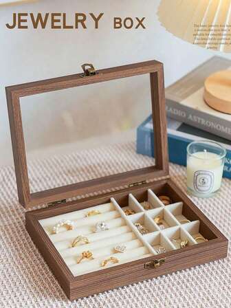 1 pieza Caja de almacenamiento de joyería de madera con terciopelo, caja de joyería con tapa de vidrio, caja de joyería de grano de madera para collares, aretes y anillos, caja de joyería con fieltro y tapa transparente, caja de bandeja de joyería para exhibición y almacenamiento de collares, aretes, pulseras, regalo para novia, mamá, papá, familia, amigos, Navidad, vuelta al cole, Halloween, Año Nuevo, cumpleaños, artículo esencial para vuelta al cole