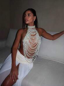 Y2K Pearl Multilayer Backless Body Chain, Suitable For Women To Attend Club Parties, Shiny And Eye-Catching Necklace Top - White - View 2