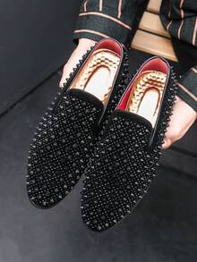 Men's Leather Spikes Loafers Studded Dress Shoes Slip-On Fashion Flats Long Rivet Wedding Party Prom Shoes - 黑色 - 查看 5