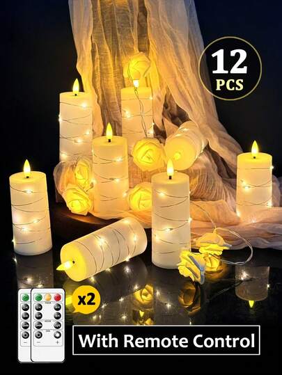 4/5/8/12 Pcs Fairy Lights With Remote Control, Timed/Remote Function, Battery Powered, Embedded Flickering Lights String, Flameless Candles, Suitable For Tabletop Centerpiece Decor, Home, Halloween, Christmas, Valentine's Day, Birthday, Wedding, Party, Various Holiday Atmosphere Lights