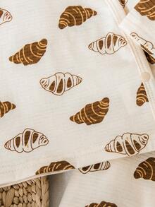 2pcs Baby Boy Cute Bear & Bread Print Long Sleeve Top + Footed Pants Set - Apricot - View 6