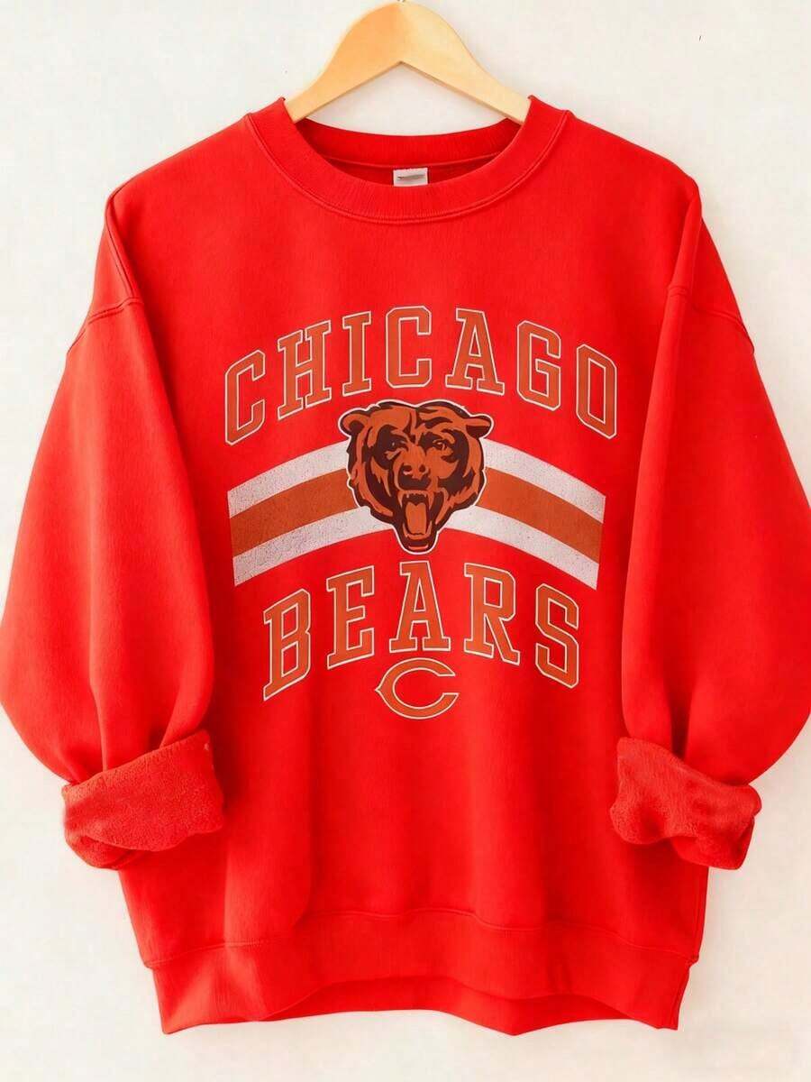 Vintage Chicago- Football Crewneck Sweatshirt, Football T-Shirt, Chicago Game Day , Sweatshirt-New Fall & Winter Apparel - Unisex Long-Sleeved Loose-F - 紅色 - 查看 1