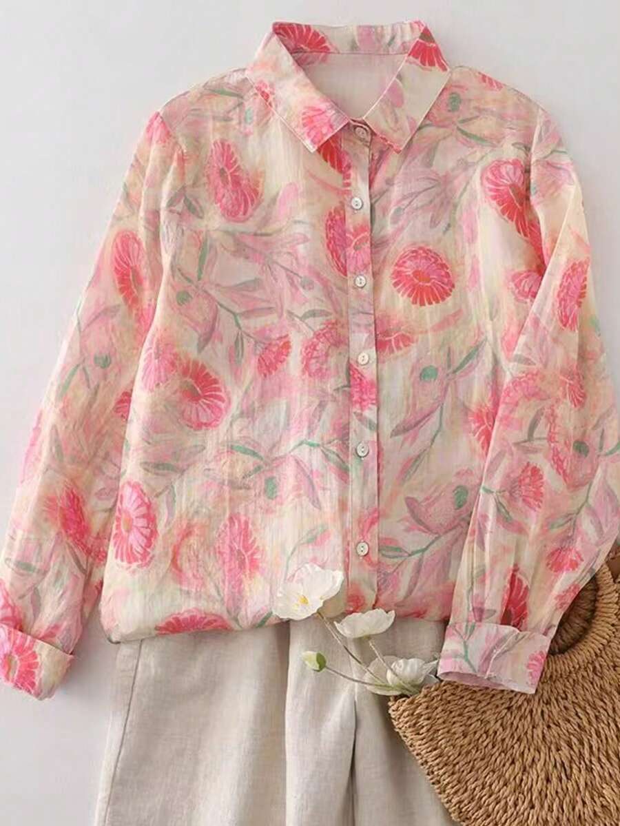 Women's Floral Print Elegant Long Sleeve Blouse Spring Vacation - Powder Green - View 1