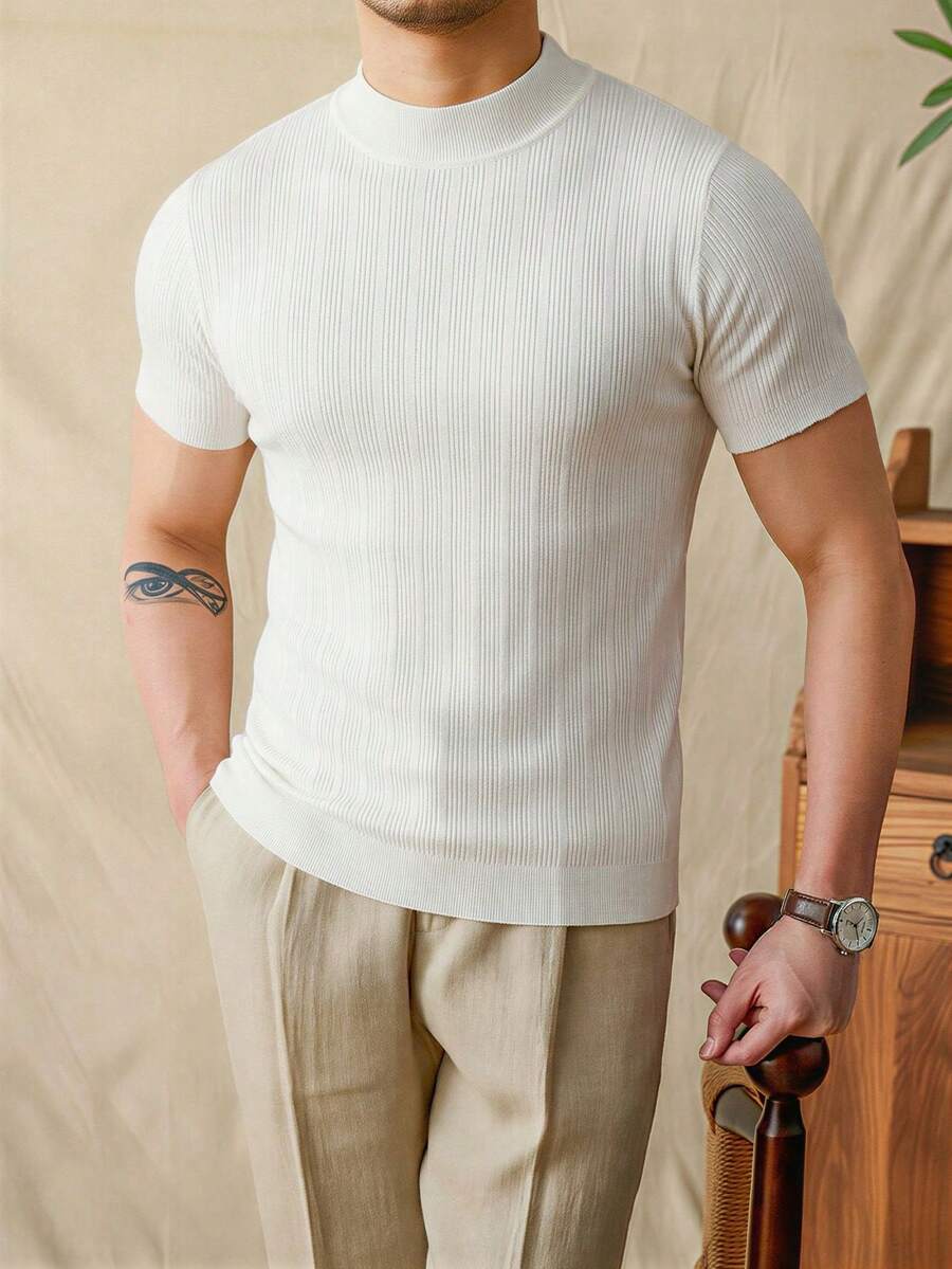 Men's Old Money Style Mock Neck Short Sleeve Cream Ribbed Knit Slim Fit Versatile Daily Wear Knit Top - White - View 1