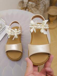 Kids' Pearl & Bow Satin Sandals: Elegant Flat Open-Toe Shoes For Wedding Parties & Daily Wear" - Gold - View 5