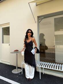 DEEKA 夏季新款女士时尚性感不对称蕾丝连衣裙，欧美风格，适合派对、新年等场合，黑色连衣裙，优雅大方 - 黑色 - 查看 4