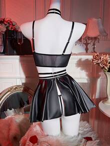 Women's Lingerie Set, Valentine's Day Sexy Lingerie, Pajama Set, Lingerie Set, Valentine's Day Role-Playing Costume 3-Piece Set, Black Sexy Style Halter Neck Cross Strap Bondage Leather Material Thin Slim Fit Seductive Nightclub Uniform Dress With Panties - 黑色 - 查看 2